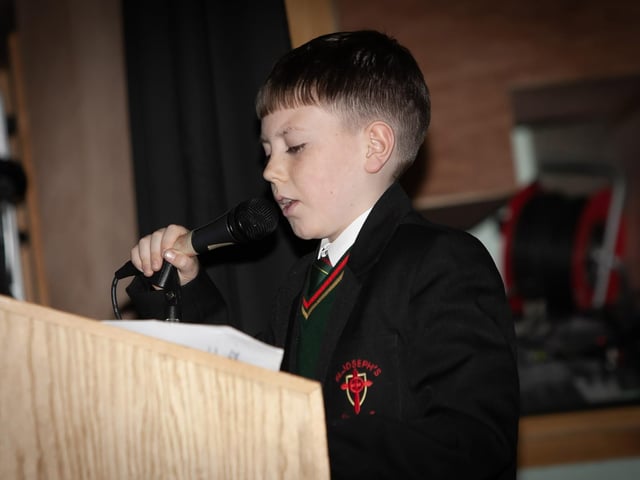 Year 8 stuent Darragh Deanes, St. Joseph's Boys School, addressing the attendance at Open Night on Thursday last.