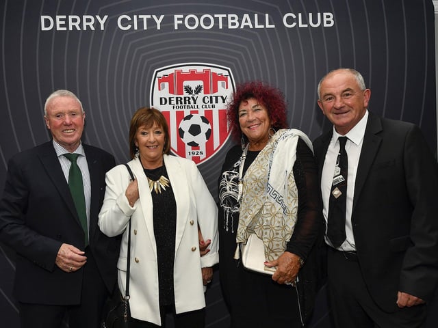Seamus Mallon, Marie King, Nuala Mallon and Noel King at the Derry City FC celebration of 40 years in the League of Ireland held in the Everglades on Saturday evening. Photo: George Sweeney
