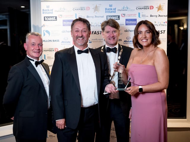 Winners of Contribution to the North West Economy, McColgan's Quality Foods, pictured with Hugh Hegarty, Chair of City Centre Initiative; Andrew Fleming, President of Londonderry Chamber of Commerce; and Steve Frazer of City of Derry Airport who sponsored the award. : .