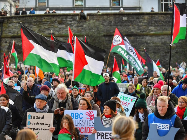 Supporters attend the pro-Palestinian solidarity rally in Derry on Saturday afternoon. Photo: George Sweeney