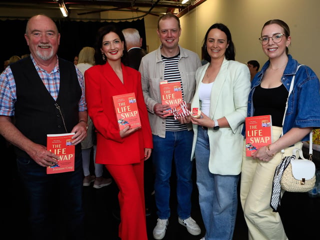 Jeananne Craig, author with uncle Raymond, husband Will and friends, at the launch of her first novel, published by Hachette Books Ireland, “The Life Swap”. (Photo - Tom Heaney, nwpresspics)