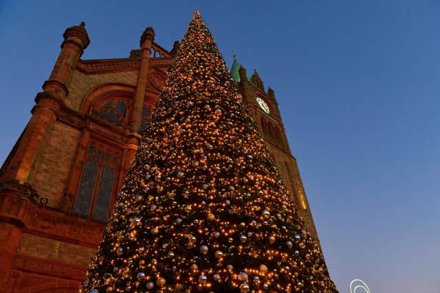 The 60ft Christmas tree in Guildhall Square in 2021. Photos: George Sweeney. DER2150GS – 047