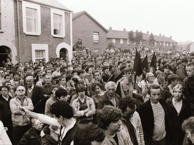 Martin McGuinness addresses a march and protest in Rosemount following the killing of Sean Downes. Civilian Mr Downes was shot with in the chest with a plastic bullet fired by the RUC in Belfast in front of journalists while attending an anti-internment rally.