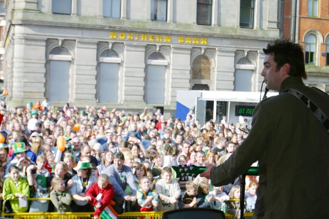 Latvia bound Mickey Joe Harte entertains the large crowd at the Guildhall Square. (1803Jb14):.