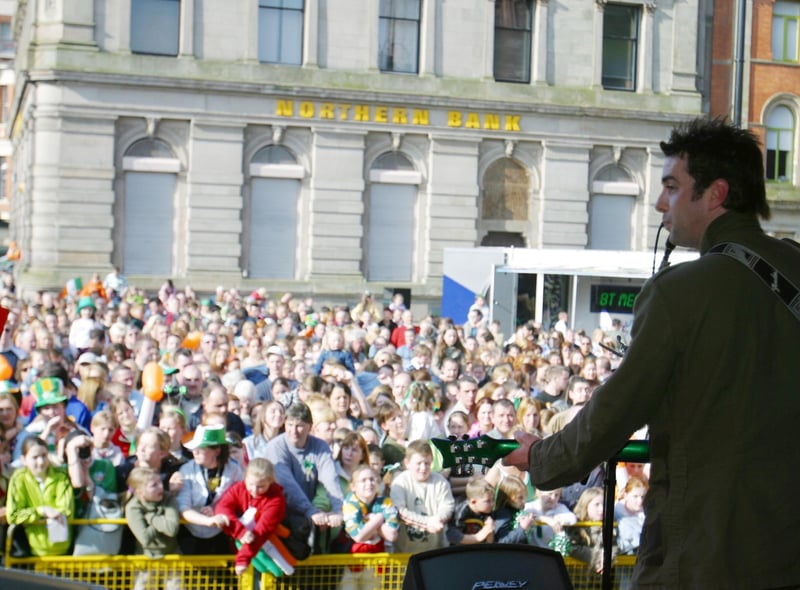 Latvia bound Mickey Joe Harte entertains the large crowd at the Guildhall Square.  (1803Jb14):.
