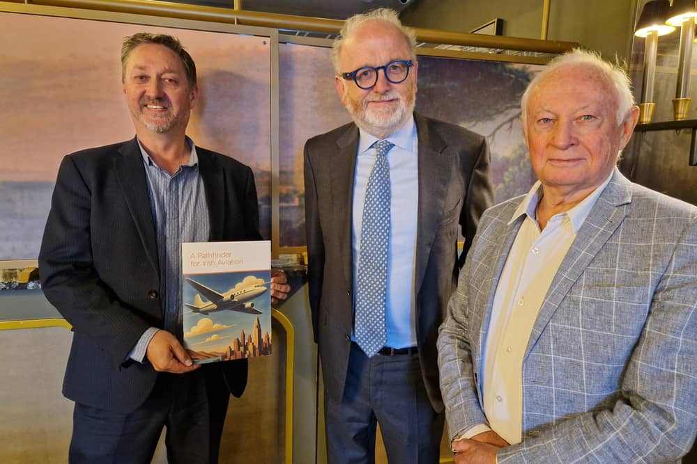 From left, Steve Frazer, Chief Executive of City of Derry Airport (CoDA), Joe Gill, Adjunct Professor of Business at UCC and Director of Corporate Advisory with Goodbody Capital Markets, and Albert Harrison, Chair of CoDA, in the Ebrington Hotel, where Mr. Gill, briefed CoDA, Council and Invest NI officials on 'A Pathfinder for Irish Aviation'.