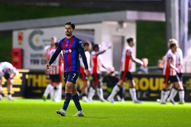 Zack Elbouzedi of St Patrick's Athletic reacts after his side conceded a first goal during the SSE Airtricity Men’s Premier Division match between Derry City and St Patrick's Athletic at The Ryan McBride Brandywell Stadium in Derry. Photo by Stephen McCarthy/Sportsfile