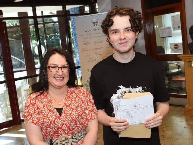 St Columb's College A Level student, Patrick Quigley, with Caroline McLaughlin, Vice- Principal.