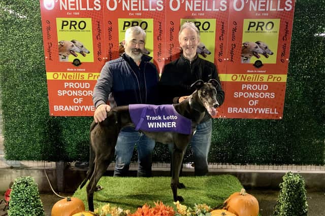 Len McKinney & Track Lotto Brandywell 525 Derby heat winner 'Mineola Oyster' with (from left) owner Seamus McCloskey and Gregory Kearney.