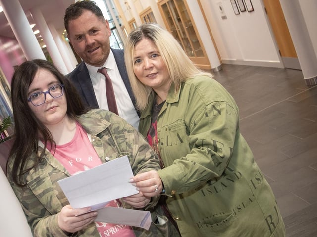 A level student Cora Smyth and her mum pictured with Mr. Conor Lynch, Vice Principal at St. Mary's College on Thursday morning. (Photos: Jim McCafferty Photography)