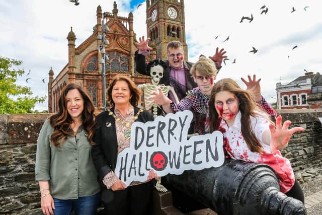 The Mayor of Derry and Strabane, Councillor Patricia Logue, was joined by a few of the ‘delegates’ lined up for this year’s Global Zombie Studies Symposium for the launch of Derry Halloween, which will take place this year from October 28th – 31st. Included are Dr Victoria McCollum and Dr Conor Heffernan from Ulster University. The event will be hosted during this year’s Halloween celebrations.