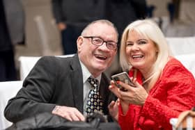 Seamus McVeigh from Moville pictured with a friend at the Apex (Ireland) tenant celebration event in An Grianan Hotel.