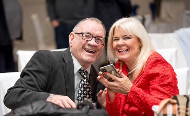Seamus McVeigh from Moville pictured with a friend at the Apex (Ireland) tenant celebration event in An Grianan Hotel.