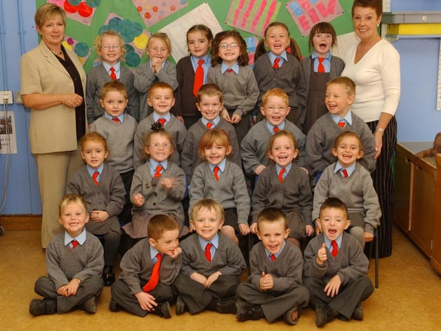 Pupils from St Brigid's PS pictured with teacher, Mrs Maureen Sheerin, and classroom assistant, Mrs Carole Pyke. (0310A09):20 years on: Young people across Derry and Donegal starting school in September 2003