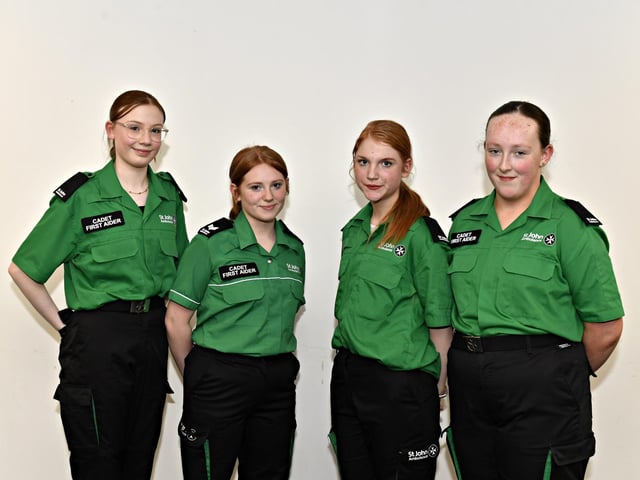 First Aid competition winners Hanna McGahey, Kendra Breslin, Nataliya Barr and Grace Lough pictured at the St John’s Ambulance Belmont Awards evening held in the SJA Hub, Skeoge Industrial Estate. Missing from the photograph is Kayleigh Hanly. Photo: George Sweeney