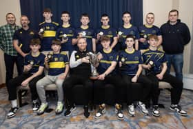 Ronan O'Donnell, Irish Football Association, special guest, presenting Don Boscos Colts u-16s with the Summer Cup at the D&D Youth Awards at the City Hotel on Friday night last. Included are coaches Emmet Kirk, Davy Ferguson and Brian McCay.