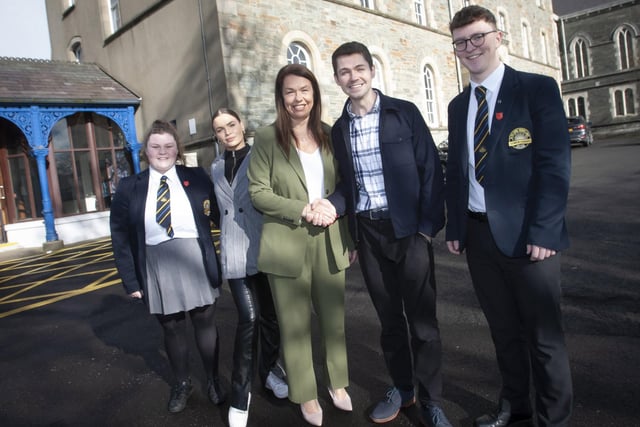 Siobhan McCauley, Principal of Lumen Christi, Damian’s old Alma Mater welcomes Damian and his dance partner Kylee to the College on Tuesday morning. Included are Year 14 students Eimear Doherty and Ronan Donnelly. (Photos: Jim McCafferty Photography)