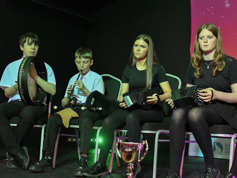 Young musicians playing during the Fleadh Mhór Dhoíre Céili Bands competition held in Studio 2. Photo: George Sweeney