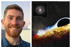 Dr Matt Nicholl and his international colleagues made the astounding discovery. Picture right shows: Artist’s impression of an orbiting star crashing through the accretion disc around a supermassive black hole and causing a burst of X-rays. Inset: Detection of X-rays (purple) with NASA’s Chandra X-ray Observatory, overlaid on a visible light image of the host galax. Image credit: Data/Image Processing: M. Nicholl et al./NASA/CXC/PanSTARRS/NSF/Legacy Survey/SDSS/SAO/N. Wolk; Illustration: Soheb Mandhai/The Astro Phoenix