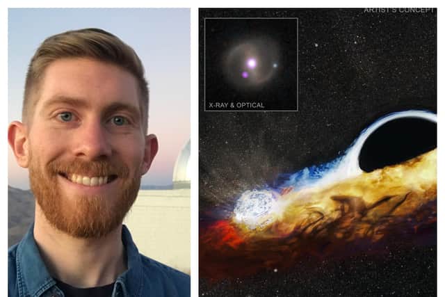 Dr Matt Nicholl and his international colleagues made the astounding discovery. Picture right shows: Artist’s impression of an orbiting star crashing through the accretion disc around a supermassive black hole and causing a burst of X-rays. Inset: Detection of X-rays (purple) with NASA’s Chandra X-ray Observatory, overlaid on a visible light image of the host galax. Image credit: Data/Image Processing: M. Nicholl et al./NASA/CXC/PanSTARRS/NSF/Legacy Survey/SDSS/SAO/N. Wolk; Illustration: Soheb Mandhai/The Astro Phoenix