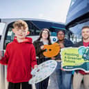 Pictured at the launch are John Thompson, Head of Safety and Corporate Responsibility, Translink; Rory Quigg, Artist & Illustrator, Rory Quigg Illustration; Henry (red jumper), Ella (grey t-shirt, navy jacket), and Rebecca (light grey shirt, brown jacket).