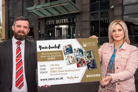 Operations Manager of the City Hotel and HLA graduate Gary  Peoples, and NWRC Skills Development Officer Helen McGonigal announce a HLA Information/Meet the Employer Event at Strand Road Campus on May 10 from 3-5 p.m. 
