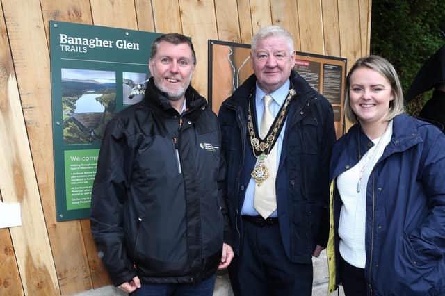 Gerard Tracey from DAERA, Mayor of Causeway Coast and Glens, Councillor Steven Callaghan and Councillor Kathleen McGurk welcome the new enhanced visitor experience at Banagher Glen.