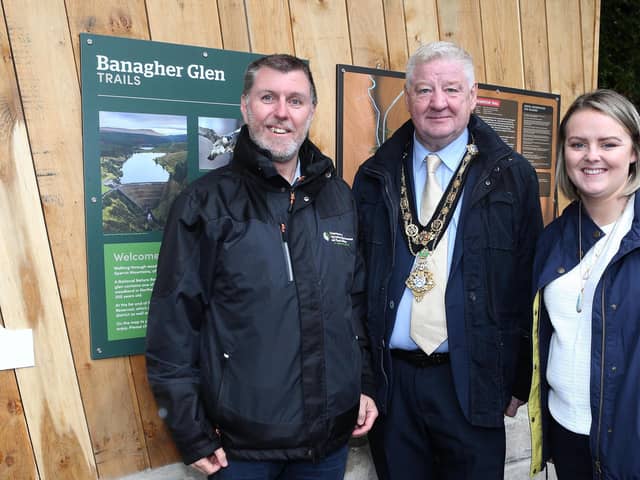 Gerard Tracey from DAERA, Mayor of Causeway Coast and Glens, Councillor Steven Callaghan and Councillor Kathleen McGurk welcome the new enhanced visitor experience at Banagher Glen.