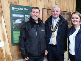 Gerard Tracey from DAERA, Mayor of Causeway Coast and Glens, Councillor Steven Callaghan and Councillor Kathleen McGurk welcome the new enhanced visitor experience at Banagher Glen.