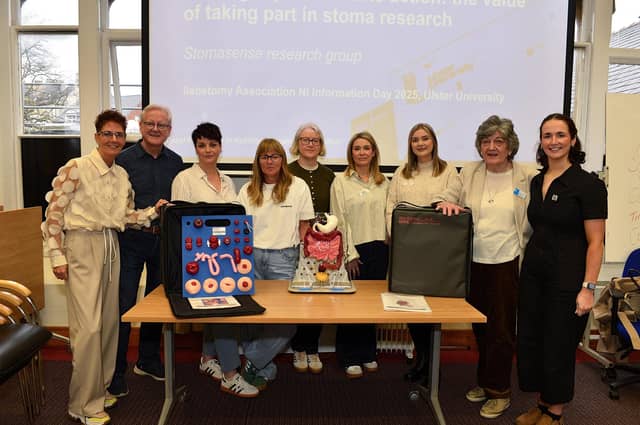 Pictured with one of the new Training Torsos at the Stoma Information Day, hosted by the lleostomy and Internal Pouch Association (IA), held in the Magee Campus of Ulster University on Saturday last are (from left) Carmel McConnellogue (IA), Tom Richardson (IA) Julie Anne Houston, Debbie Browne, Miriam Purves, Debbie Beckett, Jenny Tosh, Stoma Care Nurses, Anne Demick (IA) and Niamh Magee (IA). IA Northern Ireland have donated training Torsos to Altnagelvin Hospital and Shantallow Community Centre. Photo: George Sweeney