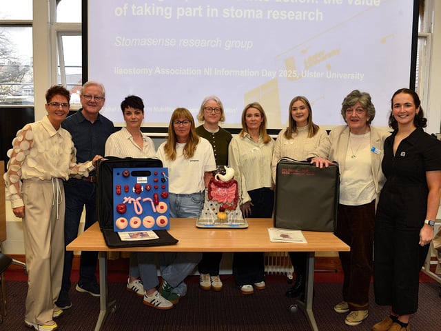 Pictured with one of the new Training Torsos at the Stoma Information Day, hosted by the lleostomy and Internal Pouch Association (IA), held in the Magee Campus of Ulster University on Saturday last are (from left) Carmel McConnellogue (IA), Tom Richardson (IA) Julie Anne Houston, Debbie Browne, Miriam Purves, Debbie Beckett, Jenny Tosh, Stoma Care Nurses, Anne Demick (IA) and Niamh Magee (IA). IA Northern Ireland have donated training Torsos to Altnagelvin Hospital and Shantallow Community Centre. Photo: George Sweeney