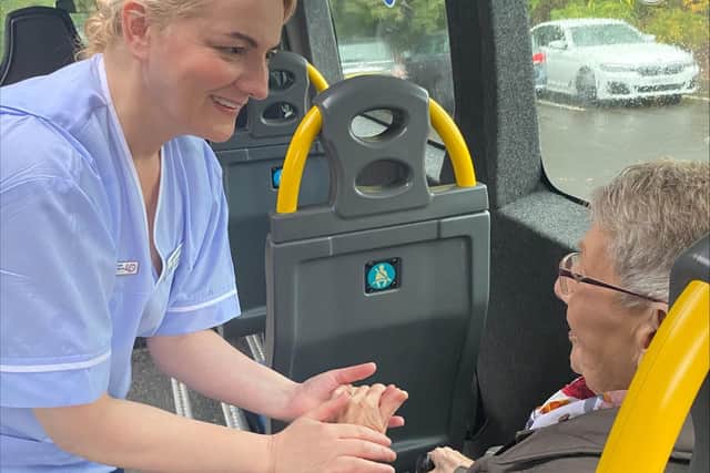 Isabella on the Day Therapy bus with Arlene of the Foyle Hospice.
