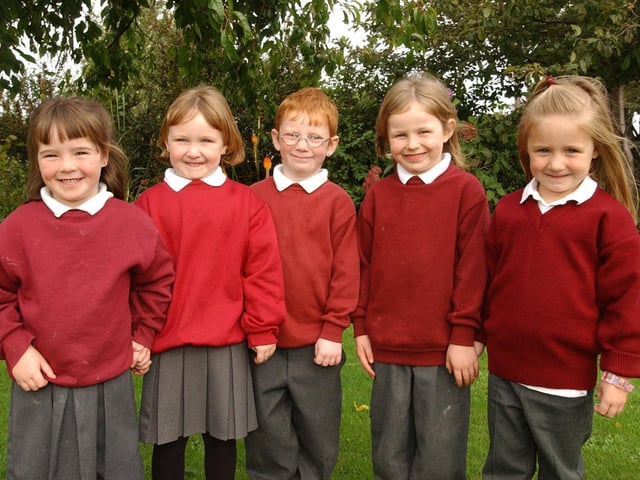Junior Infants from St Mura's National School, Buncrana. Included, from left, are Megan Duncan, Kerri Ann Duncan, TJ McCready, Lynn Ferguson, and Chloe McCallion. (2609PG28):20 years on: Young people across Derry and Donegal starting school in September 2003