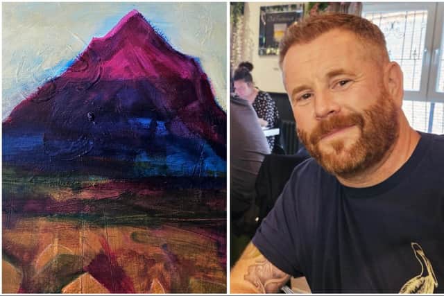 Derry artist John O'Flaherty-Lynch and one of his contemporary landscape art works.
