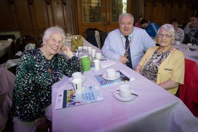 Enjoying the Mayor's Tea Party in the Guildhall on Wednesday with Deputy Mayor Darren Guy are Marie Devenney and Pat Green.