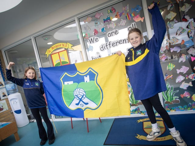 Pupils from St. Aengus'' National School, Bridgend showing their support for the Beart GAC hurlers who will take on Lavey in the Ulster Junior Championship final at Celtic Park on Saturday. (Photos: Jim McCafferty Photography)