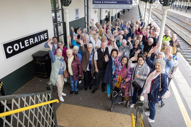 Passengers from the Western Trust and Northern Trust areas get ready to hop on board the Chat Tea Train/Chatty Carriage for the first collaborative train journey to coincide with Age NI Loneliness Awareness Week. 90 SmartPass holders travelled from Coleraine to North West Transport Hub and 90 SmartPass holders travelled from North West Transport Hub to Coleraine.