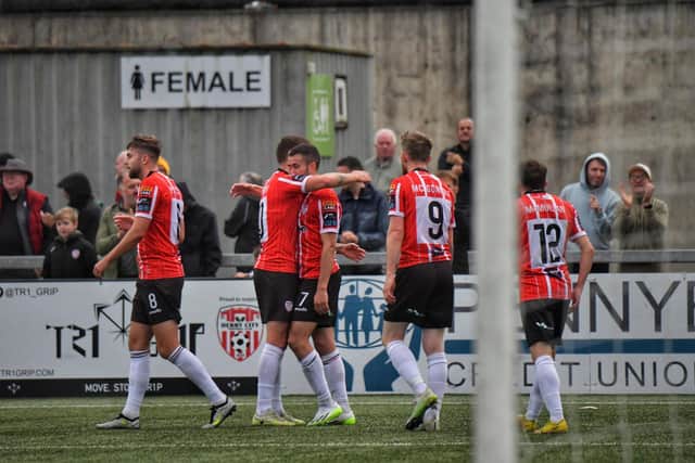 Derry City players celebrate Michael Duffy's goal against Drogheda United at the Brandywell on Sunday evening. Photo: George Sweeney.