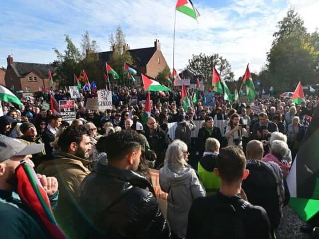 Pro-Palestinian protestors during a rally in Belfast on Saturday  Pic: Colm Lenaghan/Pacemaker