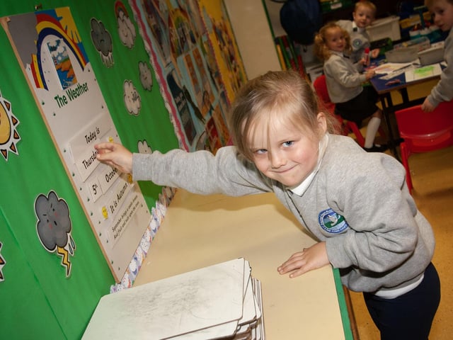 WEATHERGIRL!. . . .4 years-old P1 pupil Sienna changes the date on the weather board.