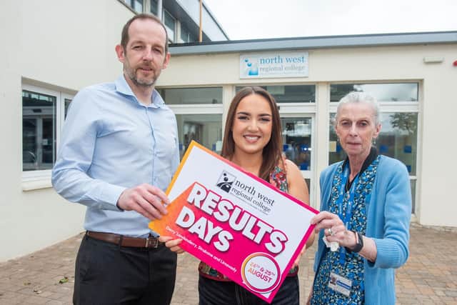NWRC Graduate Aoife Harvey encourages students to attend Results Days at NWRC - she is pictured with Clare Heffernan, Learning Support Assistant and Limavady Campus Manager Luke McCloskey. 