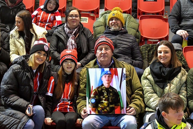 Relatives of Private Sean Rooney, who was killed in Beirut on 14th December last, at the Ryan McBride Brandywell Stadium for the game against Dundalk on Friday evening last. Photo: George Sweeney. DER2310GS – 056