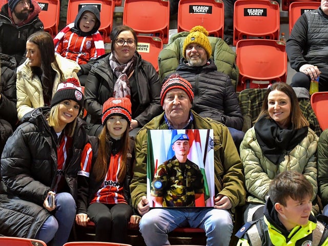 Relatives of Private Sean Rooney, who was killed in Beirut on 14th December last, at the Ryan McBride Brandywell Stadium for the game against Dundalk on Friday evening last. Photo: George Sweeney. DER2310GS – 056