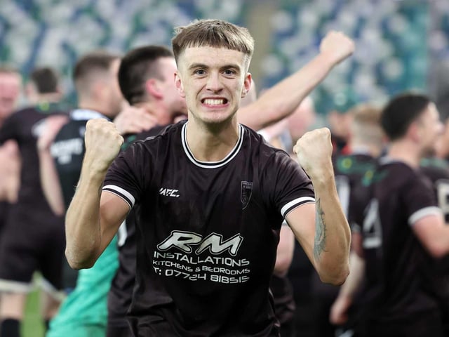 Ardmore goalscoring hero Jack Coyle celebrates at the final whistle during Friday's fonaCAB Craig Stanfield Irish Junior Cup final at Windsor Park. (Photo: IFA)