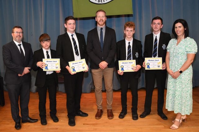 Year 10 Attendance Awards 2022-2023 pictured with Mr J Johnston, Acting Vice Principal, Mr G Millar, Year Head and Mrs D Duffy, Senior Teacher. 