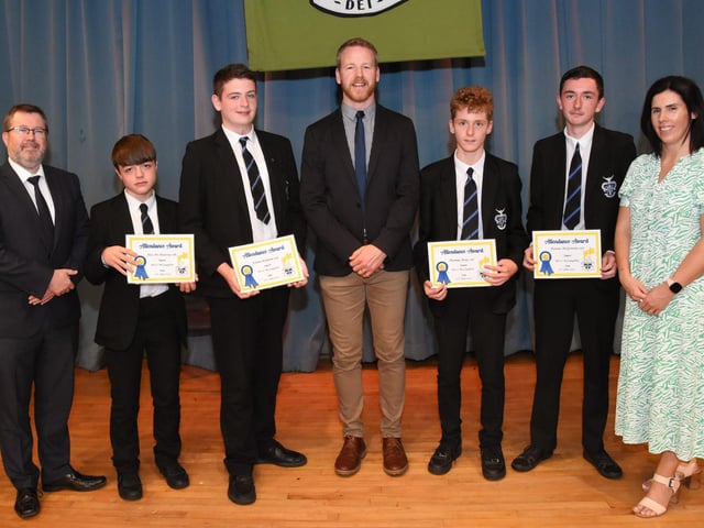 Year 10 Attendance Awards 2022-2023 pictured with Mr J Johnston, Acting Vice Principal, Mr G Millar, Year Head and Mrs D Duffy, Senior Teacher. 