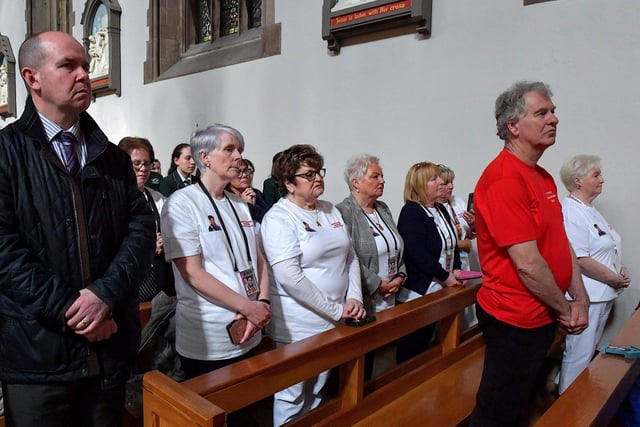 Members of the Apostalate of Carlos Acutis attended the blessing of the Blessed Carlos Acutis statue by The Most Reverend Dr Donal McKeown, Bishop of Derry, during Mass on Wednesday morning, as part of the St Eugene’s Cathedral‘s 150 anniversary celebrations. Carlos died in 2006, age 15, from leukaemia. He was a frequent communicant and had been cataloguing reported Eucharistic miracles from around the world before his death.  Photo: George Sweeney.  DER2318GS – 45