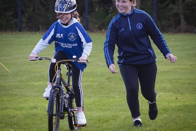 A helping hand to get started on the cycle leg for this young duathlete on Wednesday.