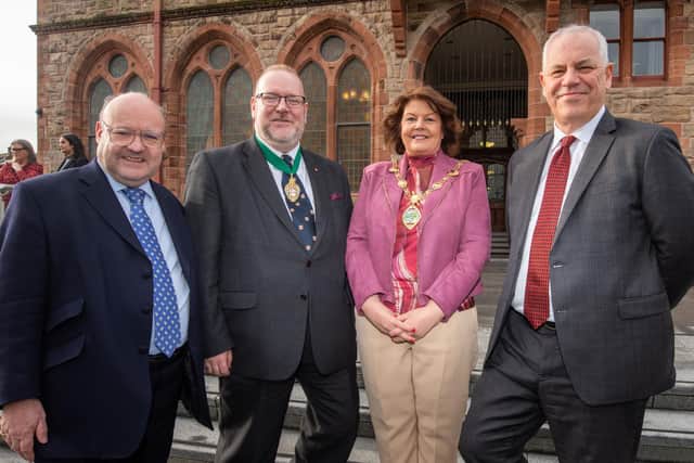 The Mayor Councillor Patricia Logue and Derry City and Strabane District Council Chief Executive John Kelpie who welcomed Christopher Hayward, Policy Chairman, City of London Corporation, left and Ed Lord OBE,  Deputy Governor of The Honourable The Irish Society to the Guildhall.  Picture by Martin McKeown.