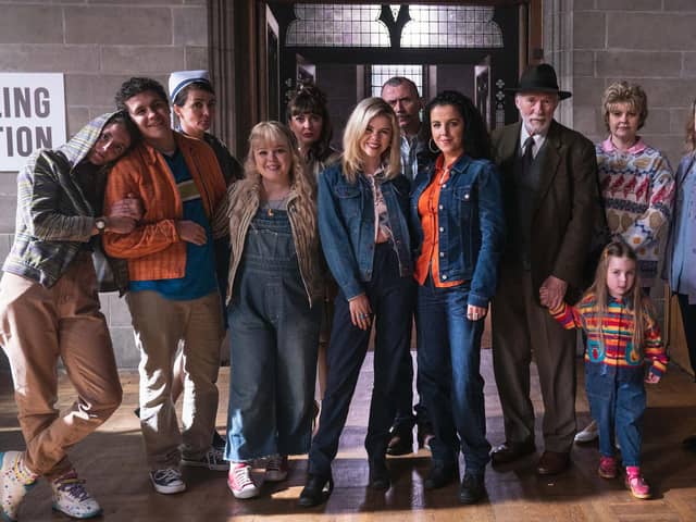 Derry Girls cast: (L-R) Orla Mccool (Louisa Clare Harland), (James Maguire (Dylan Llewellyn), Deirdre Mallon (Amelia Crowley), Clare Devlin (Nicola Coughlan), Sarah McCool (Kathy Kiera Clarke), Erin Quinn (Saoirse Monica Jackson), Michelle Mallon (Jamie-Lee O'Donnell), Mary Quinn (Tara Lynne O’Neill), Gerry Quinn (Tommy Tiernan), Cara (Darcey McNeeley), Granda Joe (Ian McElhinney), and Geraldine Devlin (Philippa Dunne).